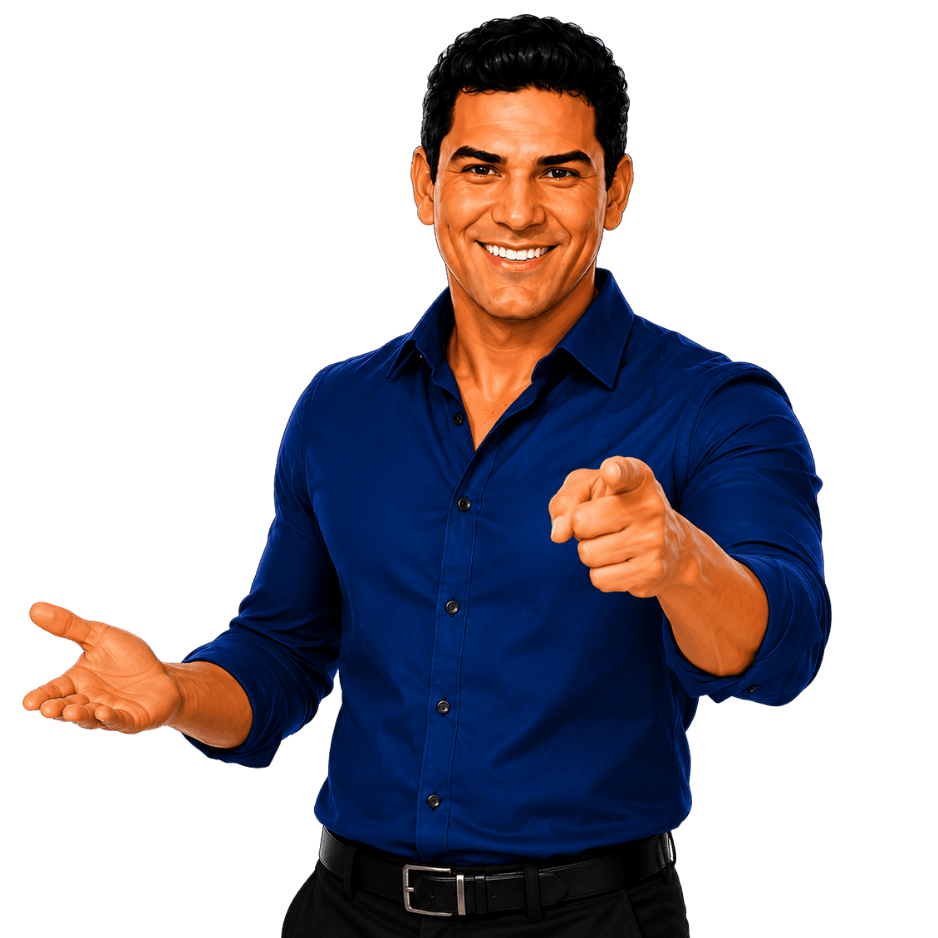 Ismael gesturing toward the viewer with one hand open and one pointing
